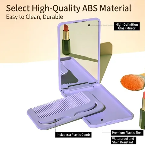 Portable Folding Makeup Mirror With Comb ABS Plastic Mini Travel Size Handheld Rectangle Flip Vanity Cosmetic Mirror