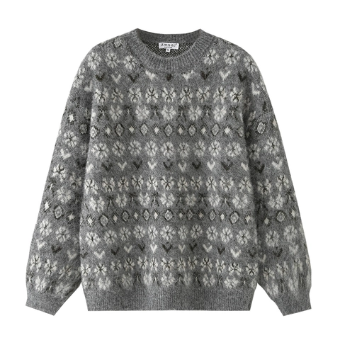 Women Fair Isle Jacquard Sweater Loose Long Sleeve Round Neck Mohair Style Knitwear Grey Snowflake