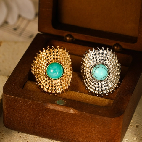 Vintage Stainless Steel Open Ring For Women Bohemian Gold Silver Plated Artificial Turquoise Geometric Dot Textured Ring