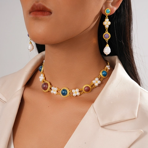 Gioielli Da Palazzo Vintage Collana E Orecchini Lega Resina Colorata Perla Artificiale Con Perno In Argento
