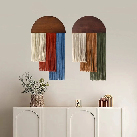 Makramee Wandbehang Handgefertigte Baumwollseil Quaste Halbrundes Holzbrett Boho Nordisches Zuhause Deko Wohnzimmer Schlafzimmer