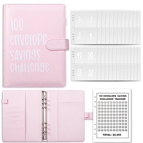 100 Envelope Savings Challenge Binder PU Leather Budget Planner Loose Leaf Cash Organizer For Budgeting Money Saver