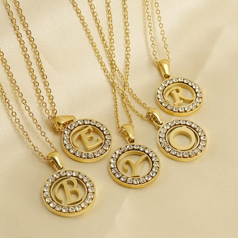 Collana Con Ciondolo A Lettera Placcata Oro 18K Acciaio Inossidabile Strass Rotondo Cavo Iniziale Gioielli Di Moda Per Donna