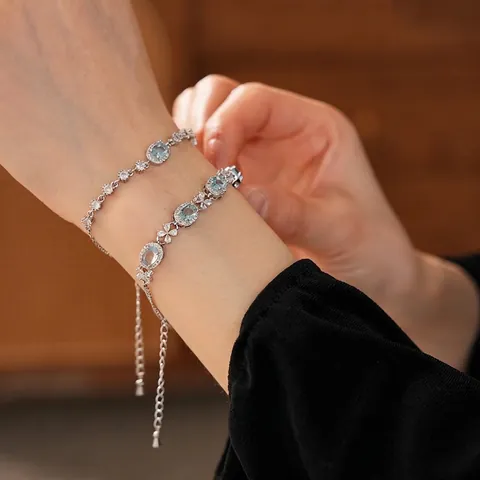 Oval Blue Zircon Flower Bracelet Copper Silver Plated Elegant Adjustable Jewelry For Women Luxury Stylish