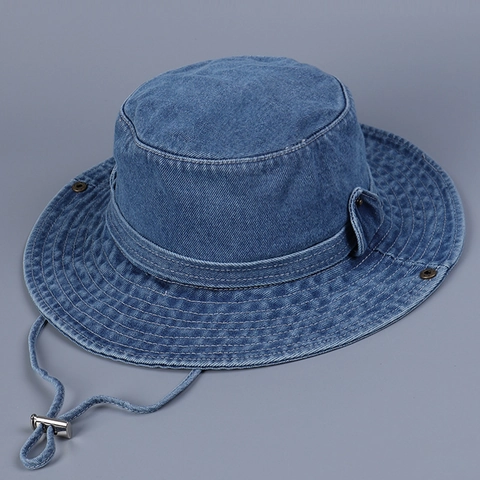 Washed Denim Bucket Hat Unisex Sunshade Outdoor Mountaineering Casual Cowboy Style Sun Hat With Adjustable Windproof Rope
