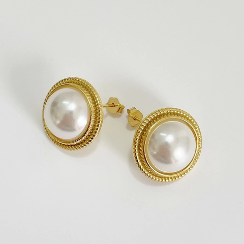 Vintage Muschelperlen Ohrstecker Mit 925 Sterling Silber Ohrstecker Gold Kordel Strukturierte Runde Französisch Stil Damen