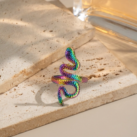 Schlangenring Aus Edelstahl 18K Vergoldet Hammerschlag-Textur Wasserdicht Verstellbar Offenes Band Modeschmuck Für Damen