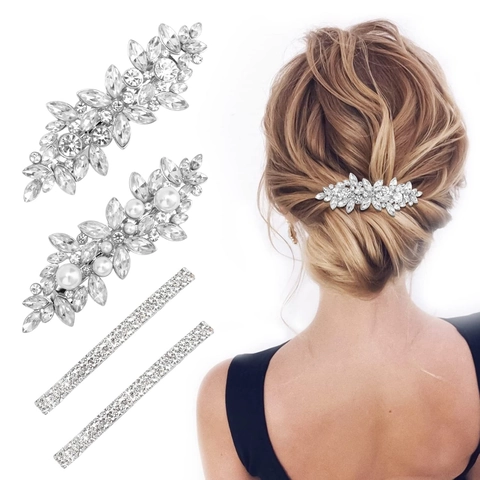 Set Di Fermagli Per Capelli Con Strass E Künstliche Perle Da Donna Matrimonio Elegante Fiore Foglia Barrette Metallo