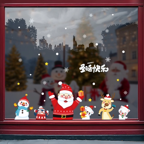 Christmas Window Stickers Static Cling PVC Reusable Santa Claus Snowman Deer Holiday Decor Glass Door Decals
