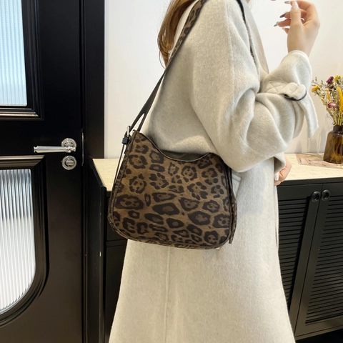 Borsa a Spalla Retrò con Stampa Leopardata Grande Capacità Trendy Tracolla Larga Hobo Bag Donna Minimalista Urbana Nylon Tote