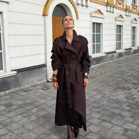 Damen Langer Trenchcoat Revers Doppelreihig Gestreift Herbst Lässig Urban Elegant Kaffee Braun Mantel