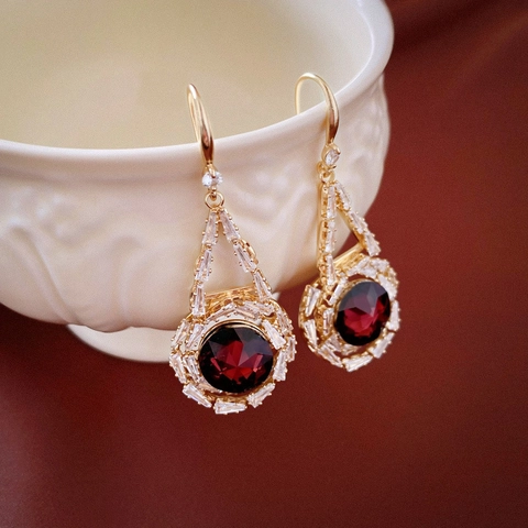 Vintage French Style Wine Red Crystal Drop Earrings With Zircon Halo And Steel Earring Post Luxury Geometric Jewelry For Women