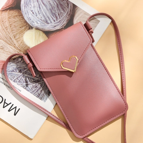 Women Crossbody Mobile Phone Bag Transparent Touchscreen PU Leather Mini Shoulder Purse Heart Buckle Retro Solid Color