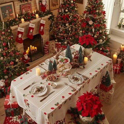 Embroidered Christmas Tablecloth Lace Rectangular Dining Table Cover Holiday Decoration Festive American Style Polyester