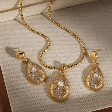 Joyas De Acero Inoxidable Collar Y Pendientes Gota De Agua Texturizada Perla Artificial Estrella Circón Francés Elegante Vintage