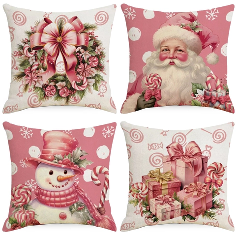 Kerst Kussensloop Decoratieve Linnen Kussenhoes Kerstman Sneeuwpop Patroon Voor Bank Woonkamer Vakantie Decoratie Roze