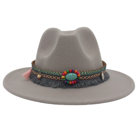 Έθνικ Δυτικό Καπέλο Cowboy Fedora για Γυναίκες Άνδρες Μποέμ Μάλλινο Καπέλο Τσόχας Με Τιρκουάζ Διακόσμηση Με Φούντα Καπέλο Ήλιου