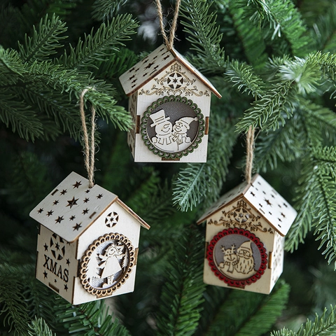 Christmas Tree Hanging Ornaments LED Glowing Wooden House Pendant Laser Cut Hollow Decorative Santa Snowman Reindeer Holiday Party Decor