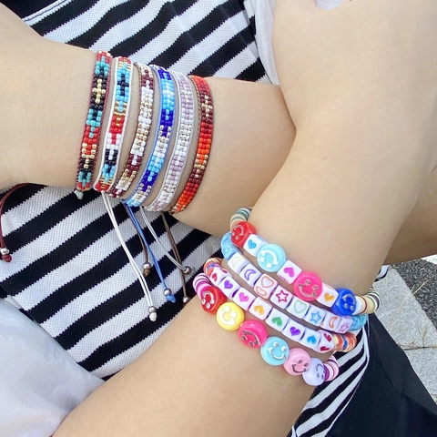 Bracciale Di Perline Boho Con Faccina Sorridente Cuore Stella Argilla Polimerica Perline Heishi Fatto A Mano Regolabile Gioielli Intrecciati Da Donna