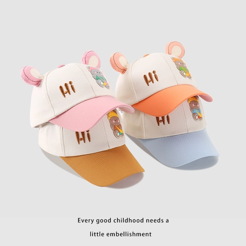 Cute Kids Baseball Cap Cartoon Bear Embroidery 3D Ears Sun Hat Cotton Blend Color Block Duck Tongue Cap For Boys Girls