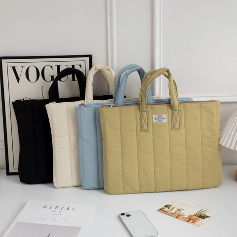 Quilted Laptop Bag Padded Shockproof Handheld Briefcase Lightweight Polyester Solid Color Protective Sleeve For Notebook