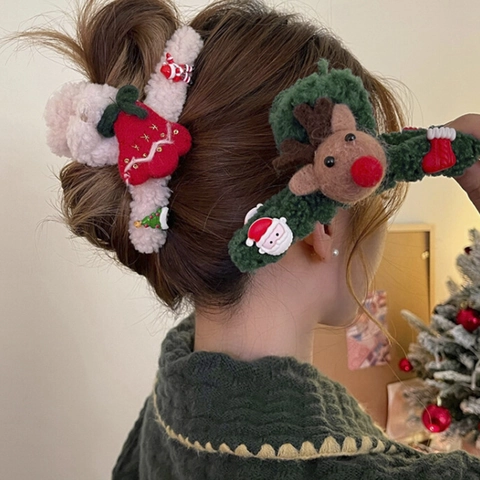 Pinces À Cheveux De Noël En Peluche Fausse Fourrure Renne Père Noël Accessoires Hiver Fête Décorations Pour Femmes Filles