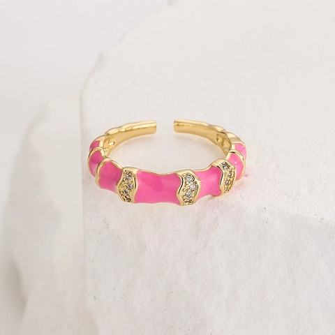 Verstellbarer Offener Ring Kupfer 18K Vergoldet Bunte Emaille Bambus Glied Zirkon Eingelegt Mode Schmuck Damen