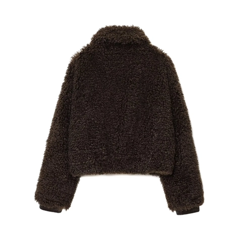 Chaqueta De Cremallera De Borreguillo Sintético Para Mujer Forro Polar Teddy Color Sólido Corte Holgado Cuello Solapa