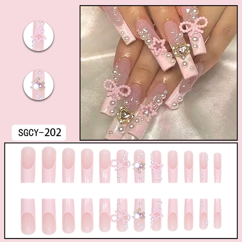 Pink Gradient Coffin Press On Nails Long French Style Artificial Pearls Bow Heart Rhinestones Sweet Manicure Decor For Women