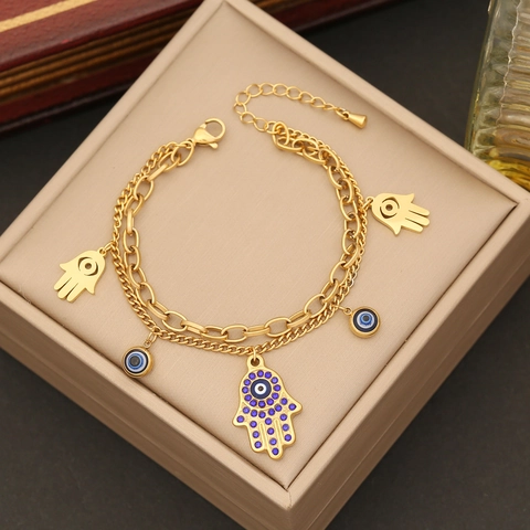 Hamsa Hand Evil Eye Jewelry Stainless Steel Gold Plated Multilayer Necklace Bracelet Earrings Bohemian Style For Women