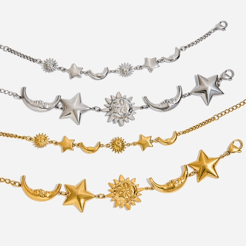 Hemelse Zon Maan Ster Charm Armband Roestvrij Staal Waterdicht Hypoallergeen Vintage Boheemse Sieraden Voor Dames
