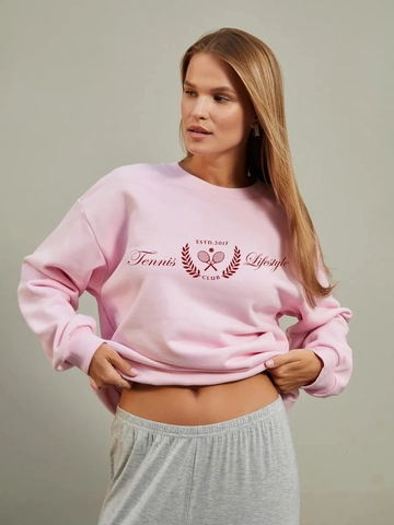 Felpa Da Donna Misto Cotone Girocollo Manica Lunga Stampa Tennis Vestibilità Ampia Pullover Rosa Street Style