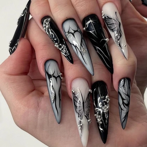 Uñas Postizas Largas Stiletto Press On 3D Relieve Gótico Y2K Punk Diseño Floral ABS Uñas Artificiales Con Pegamento De Gelatina Y Lima