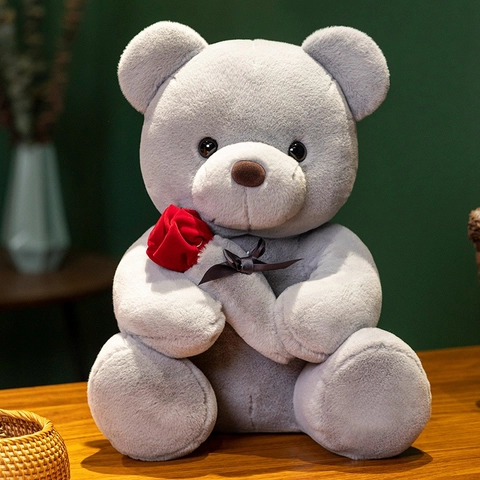 San Valentín Oso de Peluche con Rosa Juguete de Peluche Animal Oso Abrazador con Rosa Roja Lazo Regalo para Niños Mujeres