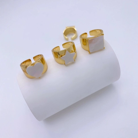 Fashion 18K Gold Plated Copper Rings With White Mother Of Artificial Pearl Heart Star Square Shell Adjustable Open Jewelry For Women