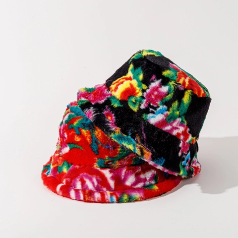 Chapeau Bob En Fausse Fourrure Imprimé Fleuri Chaud Hiver Peluche Bonnet Bassin Doux Polyester Épais Style Ethnique Vintage