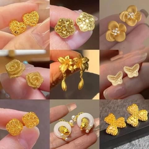 Pendientes De Botón Flor Mariposa Cobre Chapado En Oro Con Poste De Plata De Ley 925 Para Mujer Estilo Vintage