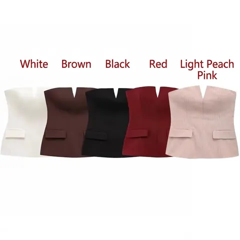 Women Strapless Tube Top V-Neck Corset Slim Fit Cropped Woven Vest With Flap Pockets Chic Minimalist Style