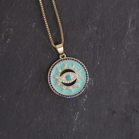 Evil Eye Anhänger Halskette Rund Kupfer Emaille Zirkonia Mond Sonne Vergoldet Mode Schmuck Für Frauen Elegantes Geschenk