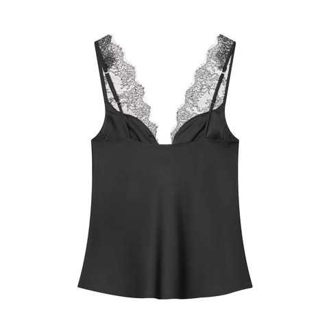 Damen Schwarz Satin Camisole Top Spitzen Patchwork Tiefer V Ausschnitt Sexy Slim Fit Verstellbar Spaghetti Träger Tank Top Streetwear