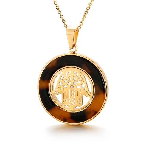 Round Pendant Necklace Stainless Steel Tortoise Shell Resin Hollow Hamsa Tree Of Life Rose Design Fashion Jewelry For Women