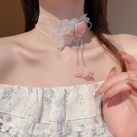 Floral Choker Necklace Pink Chiffon Rose Lace Embroidery Gauze Ribbon Romantic Sweet Elegant Accessory For Women