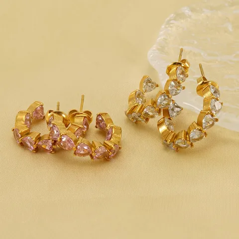 Roestvrijstalen Creolen Met Hartvormige Zirkoon 18K Verguld U-Vorm Elegante Sieraden Voor Dames
