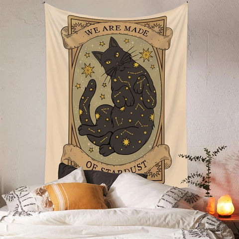 Vintage Cat Tarot Tapestry Mystic Boho Sun Moon Stars Wall Hanging Polyester Fabric Home Room Decor Astrology Magic Art
