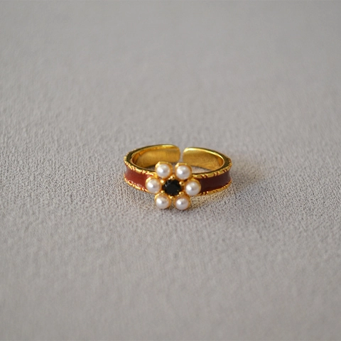 Vintage Messing Vergoldet Rot Emaille Blume Offener Ring Für Damen Eleganter Künstliche Perle Schwarzer Zirkonia Verstellbarer Fingerring Schmuck