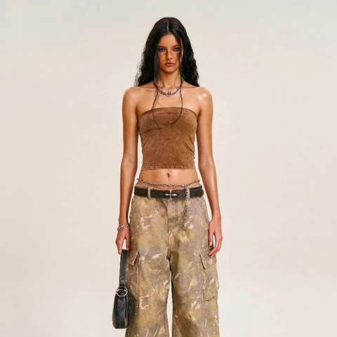 Top A Tubo Da Donna In Cotone Lavato Stile Retro Y2K Ricamo A Croce Vestibilità Aderente Streetwear Fascia