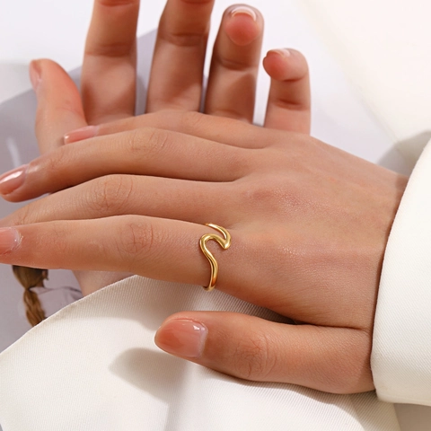 Anello A Onda Minimalista Irregolare In Acciaio Inossidabile Aperto Regolabile Per Donna Gioielli