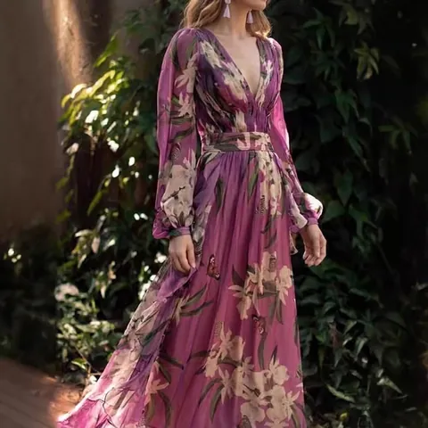 Elegant Chiffon Maxi Dress Floral Butterfly Print V Neck Long Sleeve Big Swing Vacation Long Skirt For Women