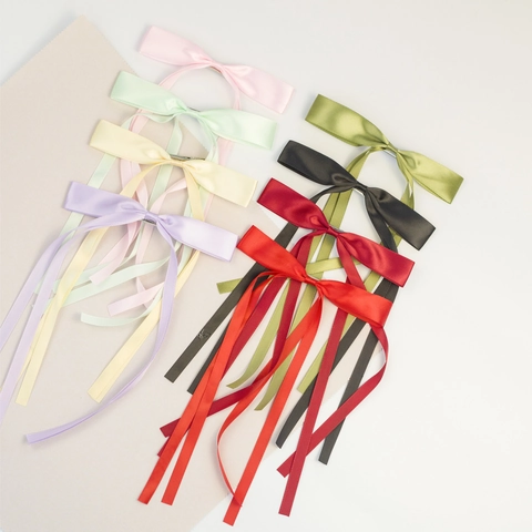 Pinza Para El Pelo Con Lazo De Satén Cinta Larga Doble Horquilla Elegante Dulce Accesorio Para El Cabello Para Mujeres Niñas Color Sólido