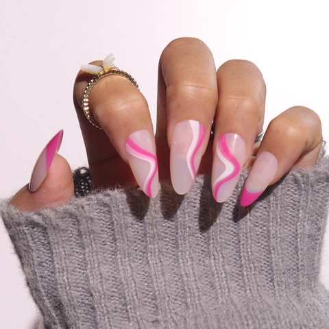 Uñas Postizas Largas De Almendra Degradado Rosa Líneas Onduladas Blancas Manicura Artificial Para Mujeres